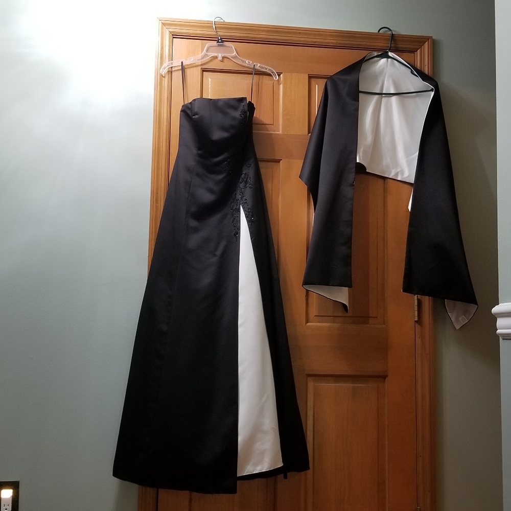 Strapless black and white formal gown